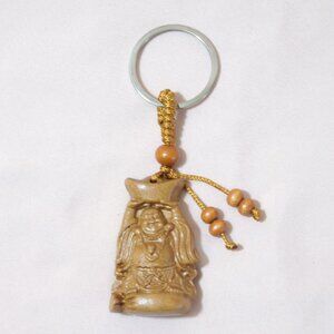 Laughing Buddha Keychain Hotei Carved Peach Wood Pendant Abundance Good Luck Fas